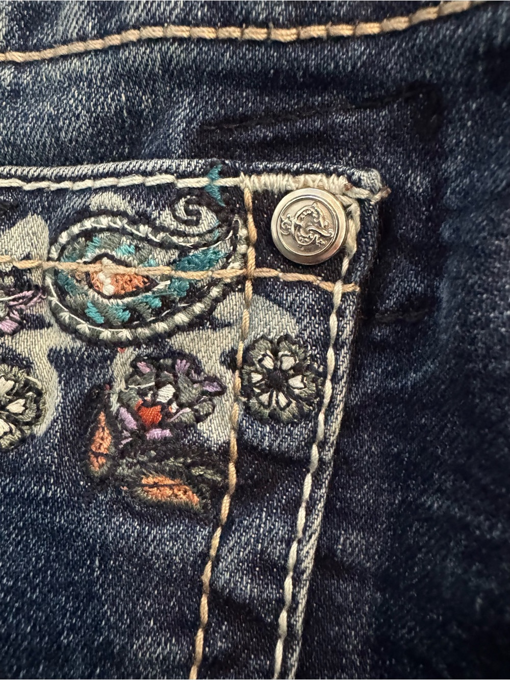 Grace Blue Denim Flare Jeans with Multicolor Paisley Embroidery - Picture 3 of 9